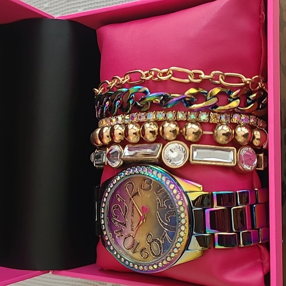 Hard To Find Oil Slick Watch Rainbow Face AB Crystal Bezel Betsey Johnson